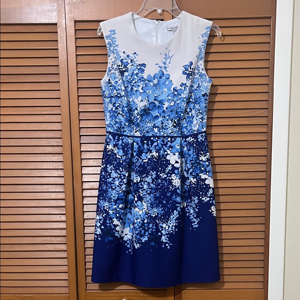 Sandra Darren Blue and White Floral Midi Dress